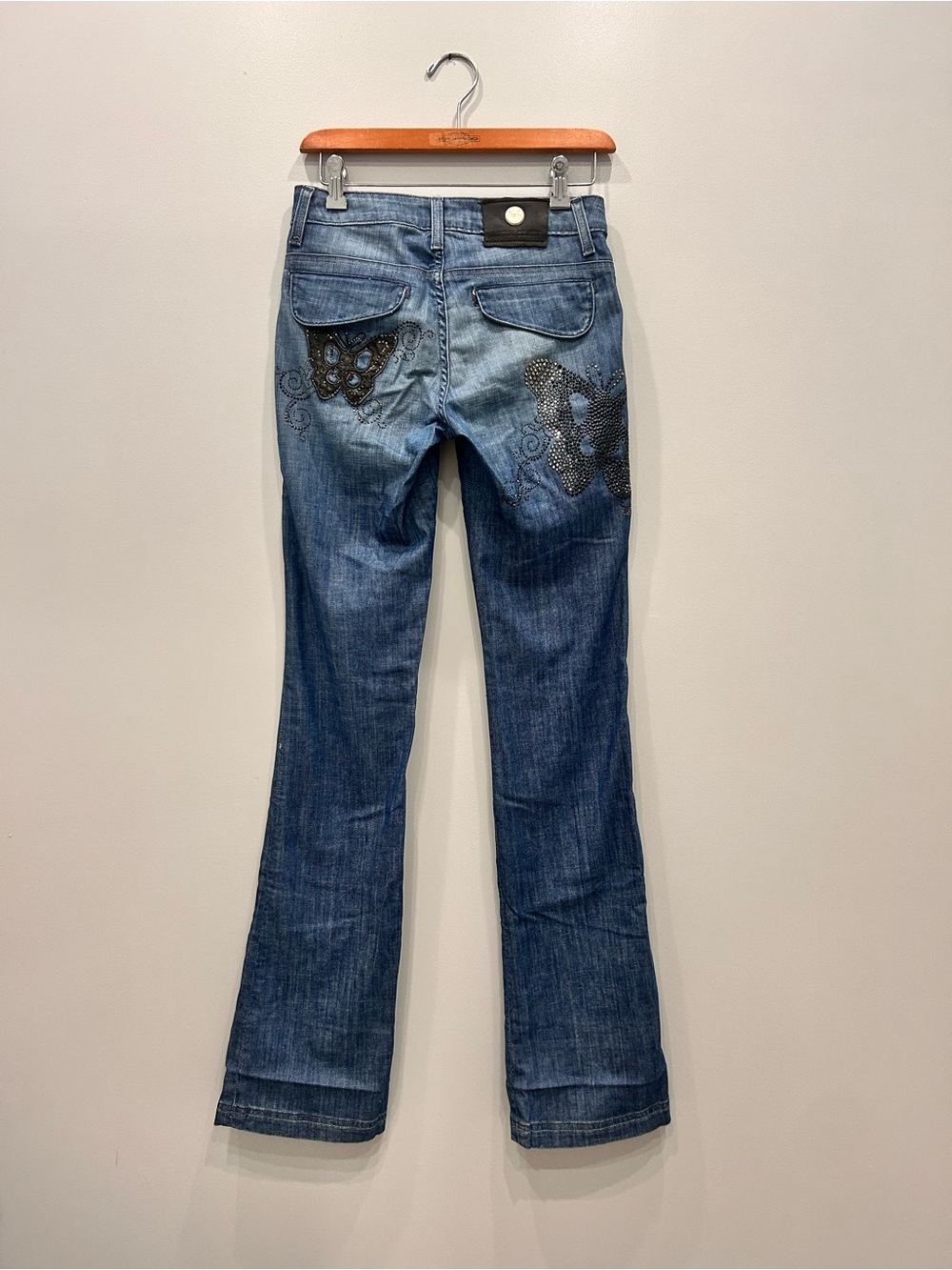 Vintage Y2K Antik Denim Low Rise Flare Jeans with Rhinestone Crystal Butterflys